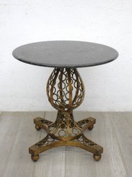 Vintage Black Marble Top Accent Table With Ornate Metal Base