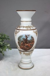 Vintage Baluster-shaped Opaline Glass Vase With Painted Watteau Scene Decoration