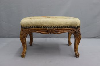 Vintage Floral Needlepoint Footstool With Carved Queen Anne-Style Wood Legs  Brass Nail Heads