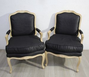 Pair Of Carved Wood French Bergere Chairs In Black Upholstery'