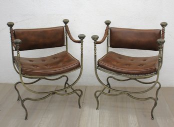 Pair Of Vintage Italian Savonarola Style Iron And Leather Chairs