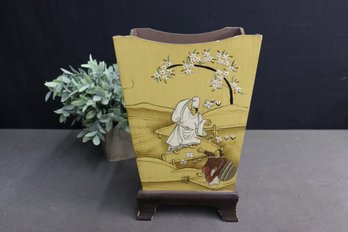 Painted Relief Chinoiserie Style Wooden Waste Bin