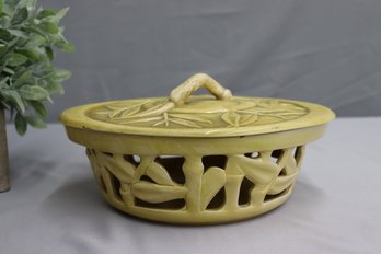 Walter Wilson California Pottery Yellow Bamboo & Leaf Pierced Lidded Bowl, #610
