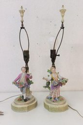 Two Vintage Porcelain Flower Bearing Lady And Gent Figurine Lamps (multiple Small Chips On Both)