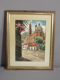 Signed 'Charming Village Vista- A Rustic Watercolor Panorama