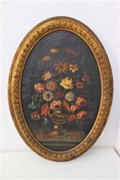Oval Dutch Masters Inspired Still Life Flowers And Berries, Faux Gilt Painted Frame. Oil On Canvas