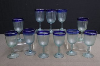 Group Of 11 Blue Rim Thick Rustic Bubble Glass Goblets