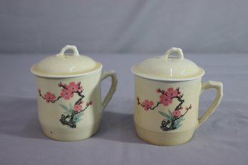 Pair Of Vintage Asian Celadon Lidded Mug