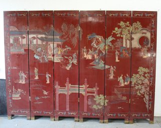 Red Lacquered Chinese Coromandel Screen With Historical Figurative Art