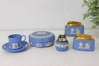 Assorted Lot Of Wedgwood Jasper -Trinket Box, 3 Lighters, Cup And Demitasse & Saucer