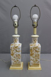 Pair Of  Vintage Chinoiserie  White & Yellow  Bird On A Tree  Lamps