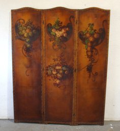 Vintage Leather Three-Panel Screen With Floral Paintings And Brass Tacks