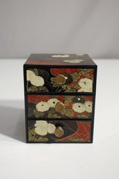 Vintage BLACK LACQUER JEWELRY CHEST BOX Floral Leaf Decoration 3 DRAWERS Japan