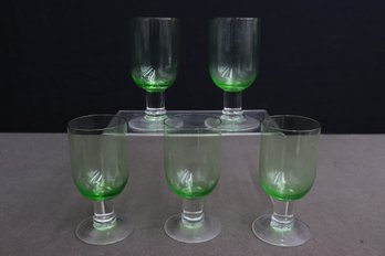 Group Of Five Thick Pillar Stem Green Tint Glass Goblets