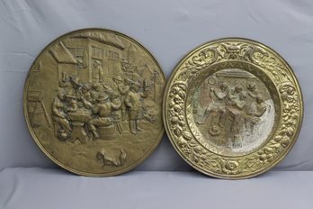 Pair Of Large Brass  Wall Hanging Round Pub Scene  Plaques