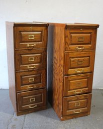 Pair Of Vintage Oak File Cabinets With Brass Hardware