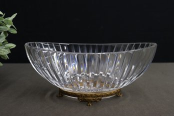 Oval Fluted Pressed Glass Bowl On Brass Tone Metal Pedestal Base