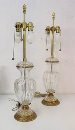 Charming Pair Of  Good Quality Hollywood Regency Glass And Brass Twin Socket Lamps
