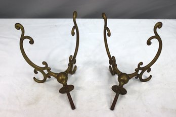 Pair Of Vintage Twin Arm Brass Scrolled Arm Wall Hook Sets