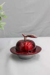 Bright Red Enamel Finish On Metal Apple-shaped Honey Dish
