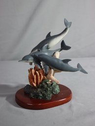 Vintage Porcelain Dolphins Figurine On A Wooden Base