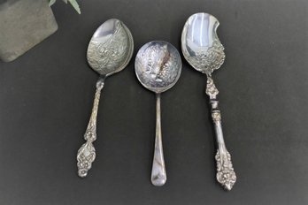 Three Embossed Silver Plate And Stainless Steel Serving Spoons