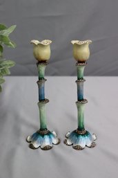 Two Jeweled Green Enamel 'Flowers' Shabbat Candlesticks