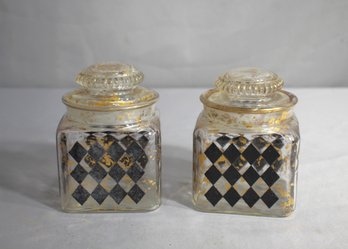 Set Of 2 Vintage Gilded Apothecary Jars With Hand-Painted Harlequin Pattern