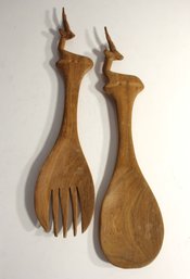 African Handmade Animal Gazelle Salad Server Set Wood Serving Fork & Spoon