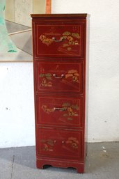 Chinese Red Lacquer Tall File Cabinet With Hand-Painted Scenery