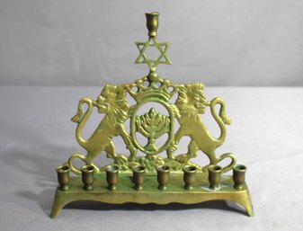 Antique Solid Brass European Lion And Crown Menorah With Star Of David