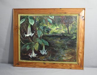 Signed Framed Original Painting On Canvas Garden Landscape Inscribed O Back