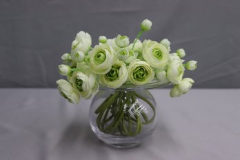 Artificial White/Green Ranunculus Bunch In Clear Glass Orb Vase