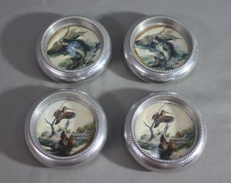 Set O 4  Fred Sweeney Wildlife Coasters St Louis Vintage Round Birds Fish Bass MCM