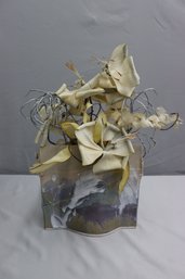 Studio Pottery Pinched Clay Slab Vase With Sculptural Lilies And Stems, Signed