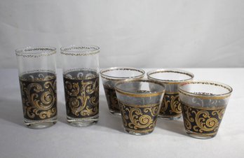 Set Of 4 Culver Ebony Baroque Mid-Century Double Old Fashioned Glasses & 2 Highballs'