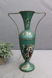 Vintage Tall Brass And Aquamarine Enamel Israeli  Amphora Vase