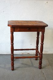 Antique Wooden Parquetry Top Side Table With Drawer