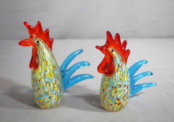 Two Art Glass Rooster  Paperweight Figurine-both Has Small Chip To The Tail