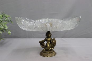 LARGE VINTAGE ITALIAN BRASS PUTTI & CUT CRYSTAL TAZZA CENTERPIECE