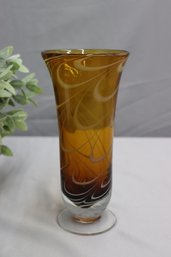 Teleflora Footed Vase Amber Glass With White Swirl
