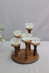 Mid Century Early American Wood Candelabra With Clear Glass Removable Flower Top