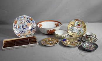 Assortment Of Asian Plates, Bowls, Cups & Boxed Set Of Chopsticks