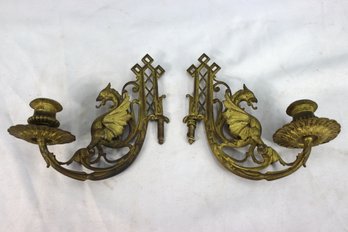 Two Vintage Chinoiserie Dragon & Lattice Wall-Mount Candleholders