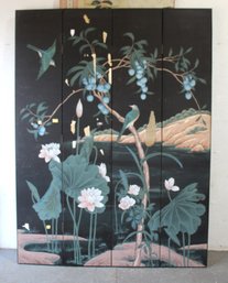 Decorative Four-Panel Floral Screen With Water Damage