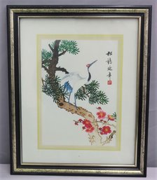 Vintage Chinese Longevity Crane Silk Embroidery Wall Art