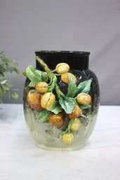 Antique French Barbotine Edouard Gilles Yellow Plum Branch Majolica Vase- 9.5'tall, E.G. Stamp On Bottom