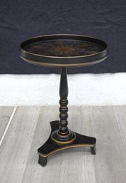 Black Round Solid Wood Tea Table With Hand-Painted Peacock Feather Design