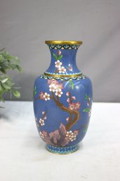 Vintage Chinese Cloisonne Blue Ground With Cherry Blossoms 10' Tall