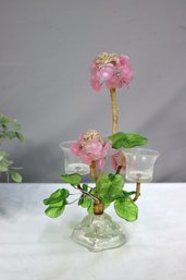 Vintage Art Glass & Bent Wire Flowers And Leaves Two Flame Candleholder